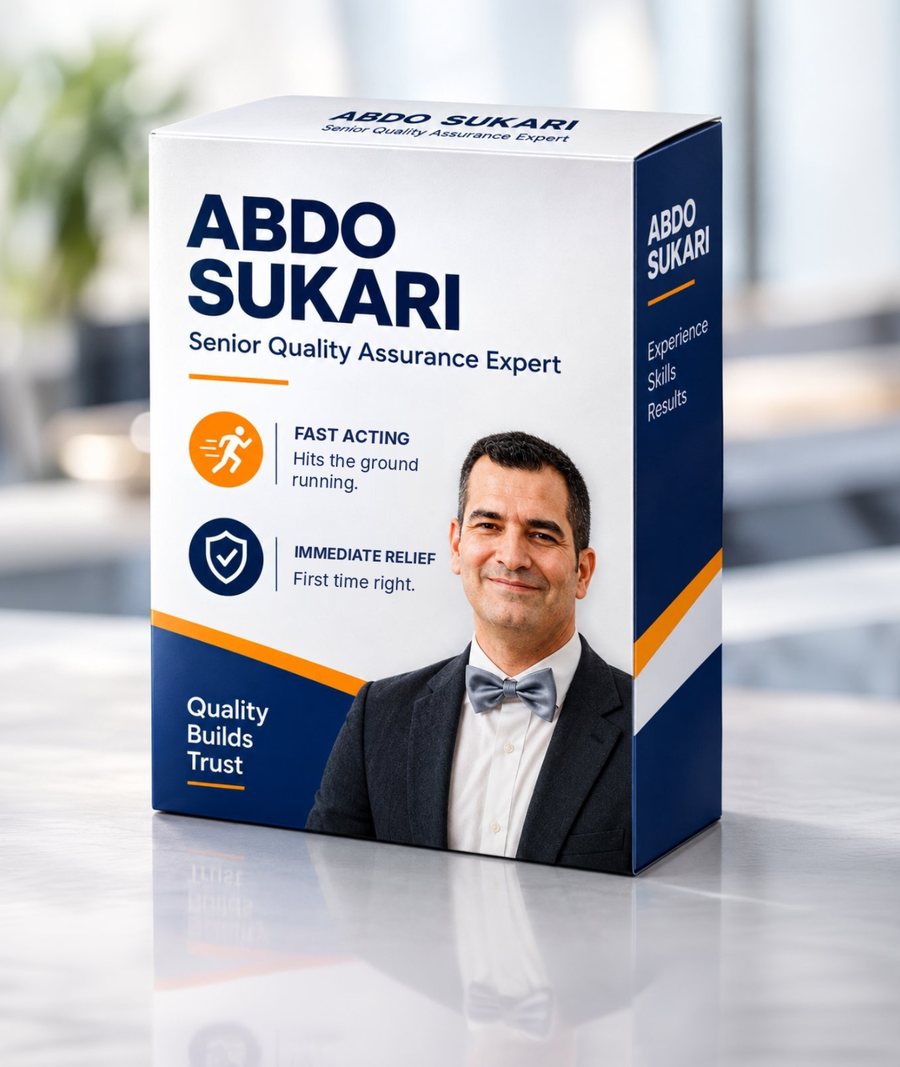 Product box reading Abdo Sukari, Senior Quality Assurance Expert. Fast acting, hits the ground running. Immediate relief, first time right. Quality builds trust.